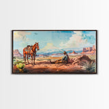 Cowboy Resting with Horse in Desert Landscape, Classic Western Art, Framed Canvas Print, Rustic Wall Decor, Living Room Decoration