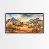 Serene Desert Landscape with Mountains and Sunlit Sky, Perfect Framed Canvas Print for Living Room, Boho Wall Art, Nature Decor
