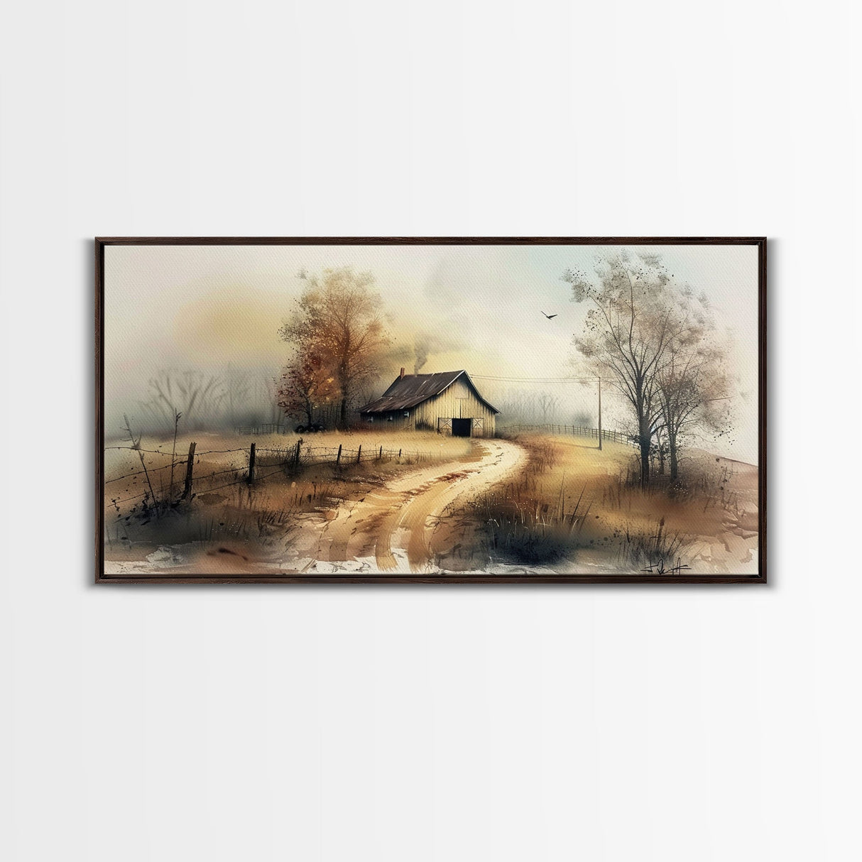 Misty Morning Farmhouse with Winding Path, Beautiful Framed Canvas Print for Bedroom, Boho Wall Art, Countryside Decor