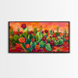 Bright Desert Flowers and Cacti with Mountains, Vibrant Framed Canvas Print for Home, Boho Wall Art, Nature Lover's Decor