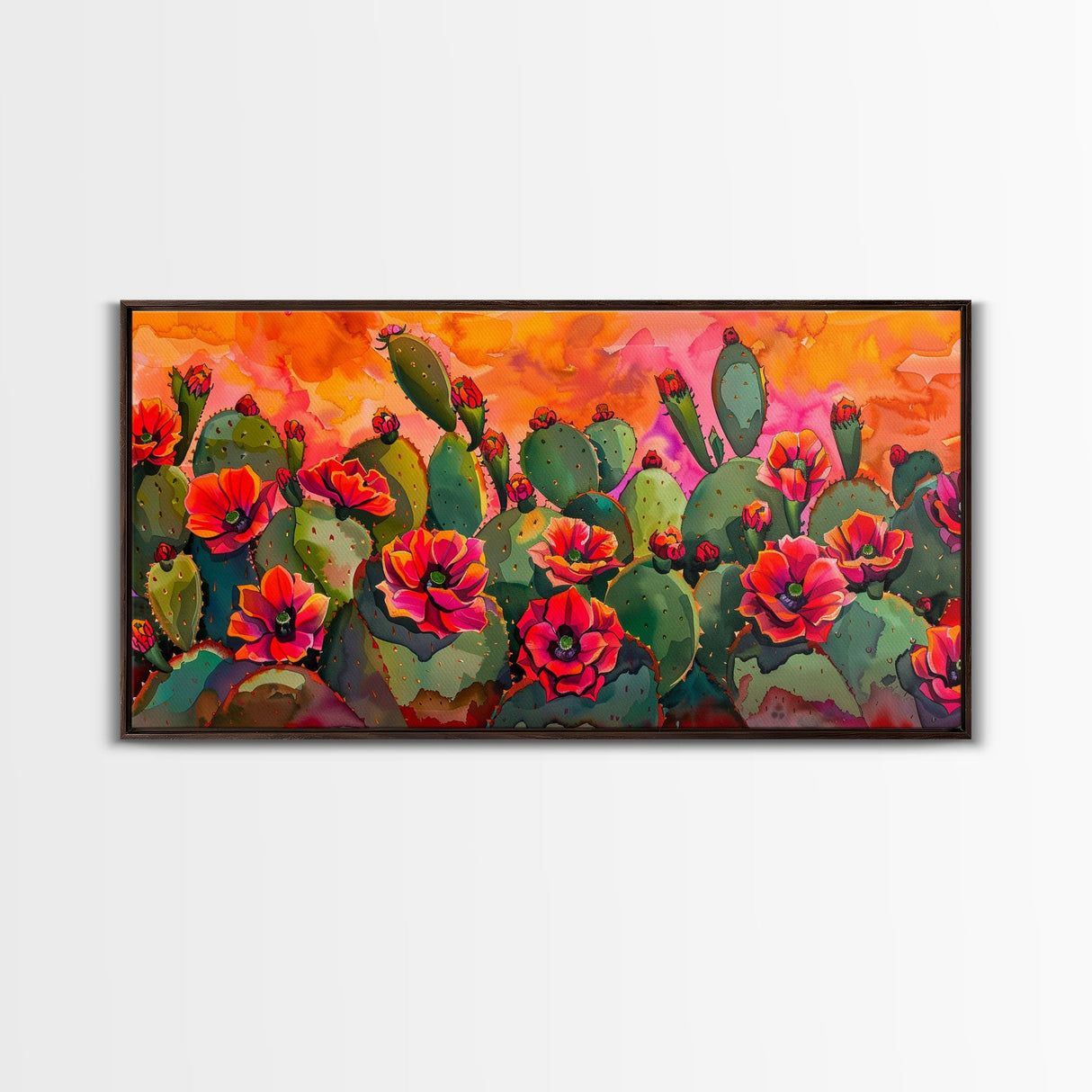 Lush desert landscape with blooming cacti at sunset, Framed Canvas Print, ideal for minimalist living room, wall art decor