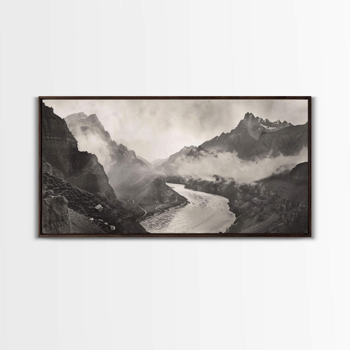 River Flowing through Mountain Valley, Black and White Framed Canvas Print for Farmhouse Bedroom Wall Art, Home Decoration, Scenic Nature