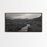 River and Rolling Hills Under Cloudy Sky, Black and White Framed Canvas Print Rustic Farmhouse Living Room Decor, Landscape Art, Home Decor
