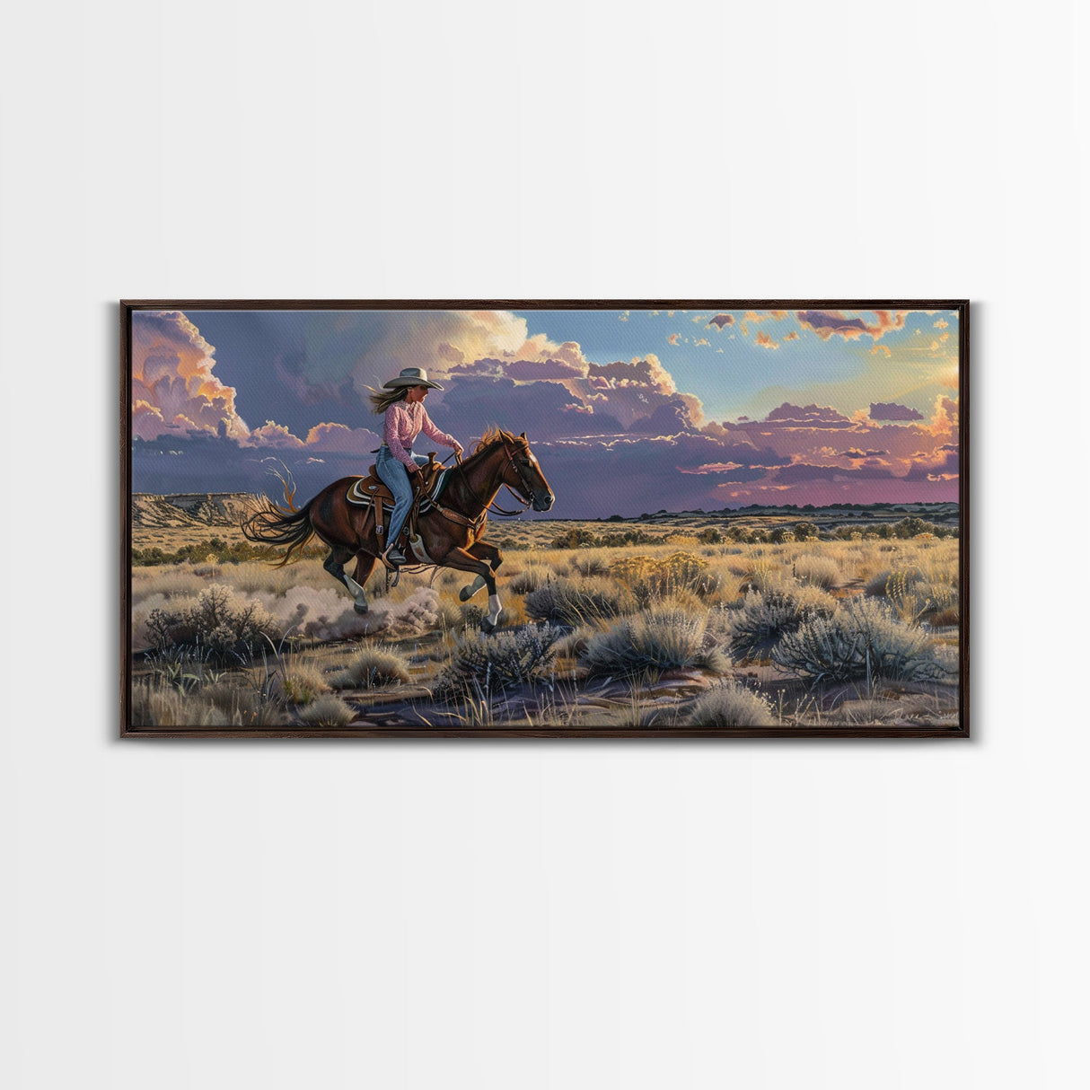 Cowgirl Galloping Across Desert Landscape, Vibrant Framed Canvas Print, Perfect for Living Room Art, Western Bedroom Decor, Desert Wall Art