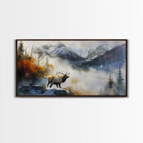 Majestic Elk in Misty Mountains, Framed Canvas Print, Perfect for Living Room Art, Rustic Bedroom Decor, Nature Wall Art, Wildlife Scene