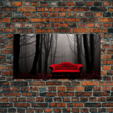 Red Sofa In A Forest Framed Canvas Print, Thought Provoking Art, Framed Art, Creepy Photography, Halloween Art