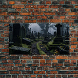 Moss Covered Cemetary, Haunted Graveyard Photography, Halloween Decor, Framed Canvas Print, Halloween Wall Art