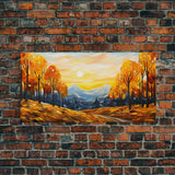 Fall Trees, Autumn Wall Art, Abstract Nature Painting, Sunset Art, College Dorm Decor, Camper Wall Decor, Canvas Wall Art, Panoramic Art