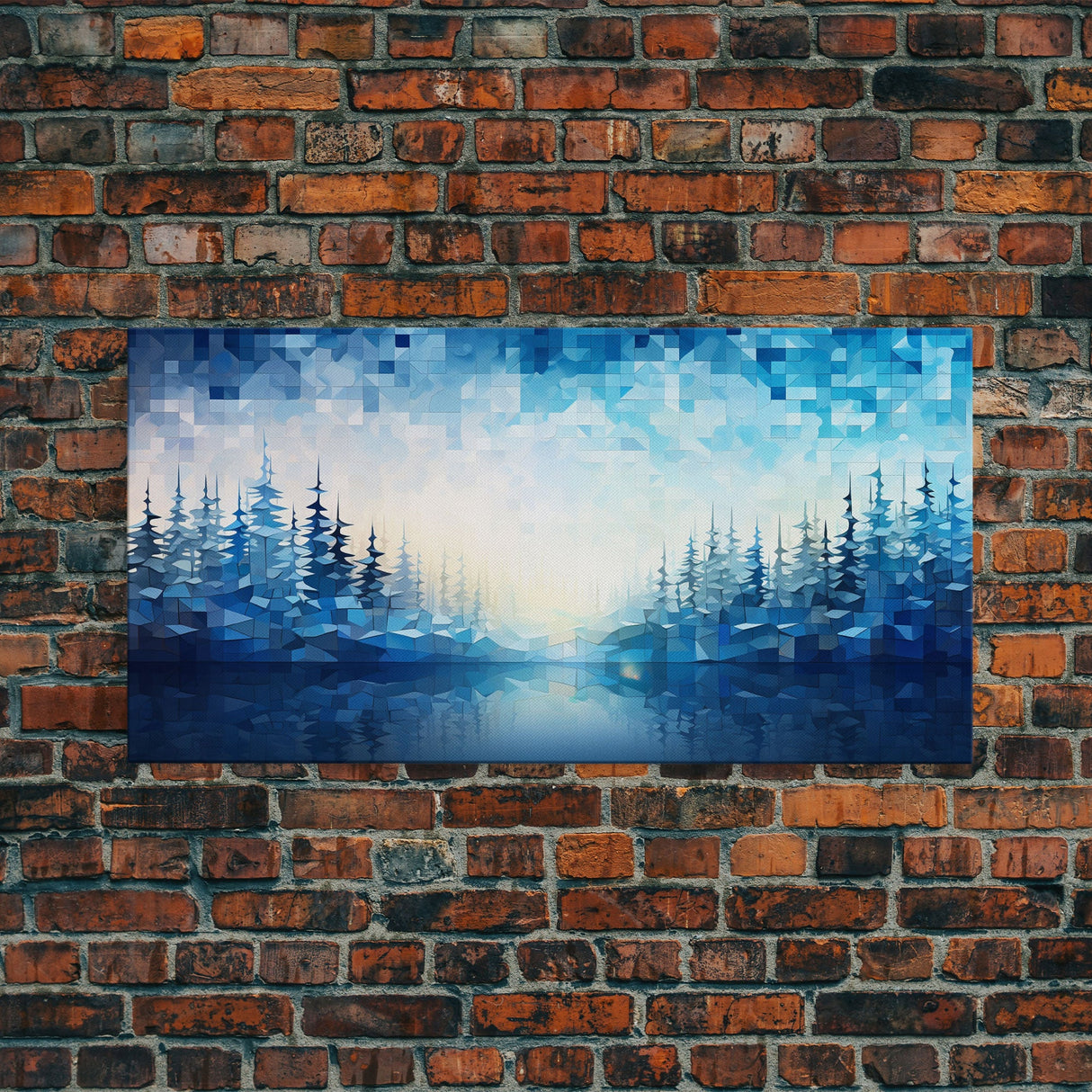 A Winter Scene, Framed Canvas Print, Mosaic Style Painting Print, Stained Glass Style Art, Above Mantle Art, Living Room Decor