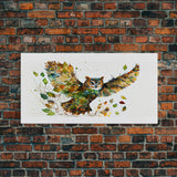 Owl wall art, framed canvas print, owl decor, nature art, owl print, owl painting, owl made of leaves double exposure art
