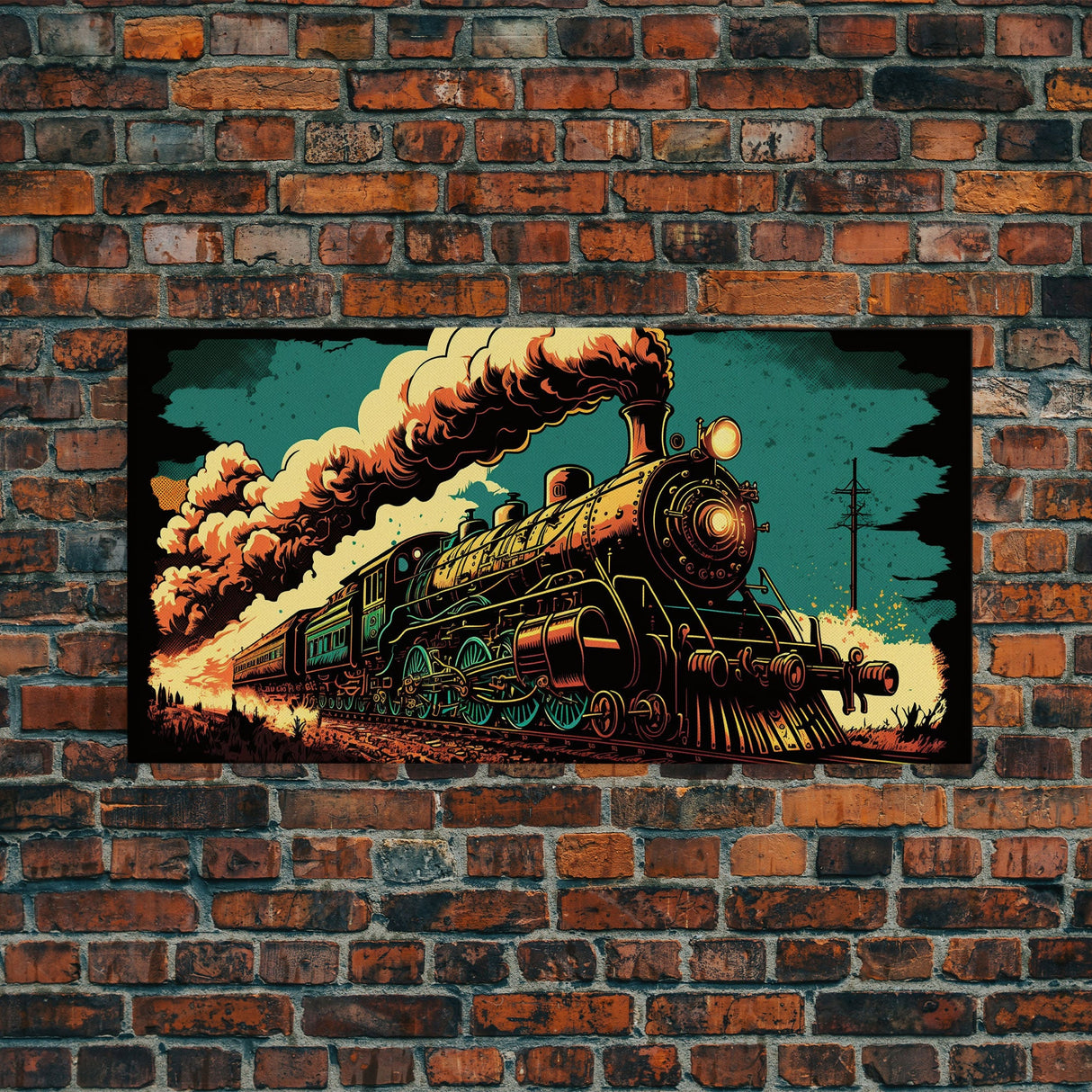Pop Art Steam Train, Framed Canvas Print, Cool Wild West Decor, Western Art, Framed Colorful Pop Art