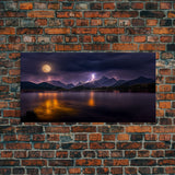 Full moon canvas print, Lightning storm over a mountain lake at night, cool wall art, awesome wall art