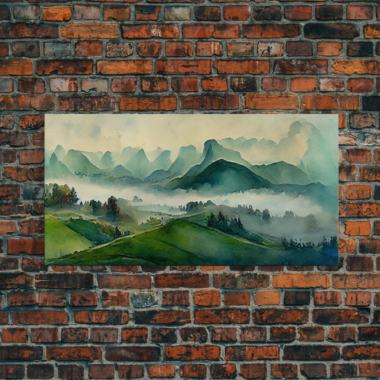 Green Blue Foggy Mountain Valley Watercolor Canvas Art Print, Panoramic Misty Rolling Hills Landscape, Extra Large Panorama Print