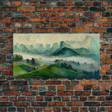 Green Blue Foggy Mountain Valley Watercolor Canvas Art Print, Panoramic Misty Rolling Hills Landscape, Extra Large Panorama Print