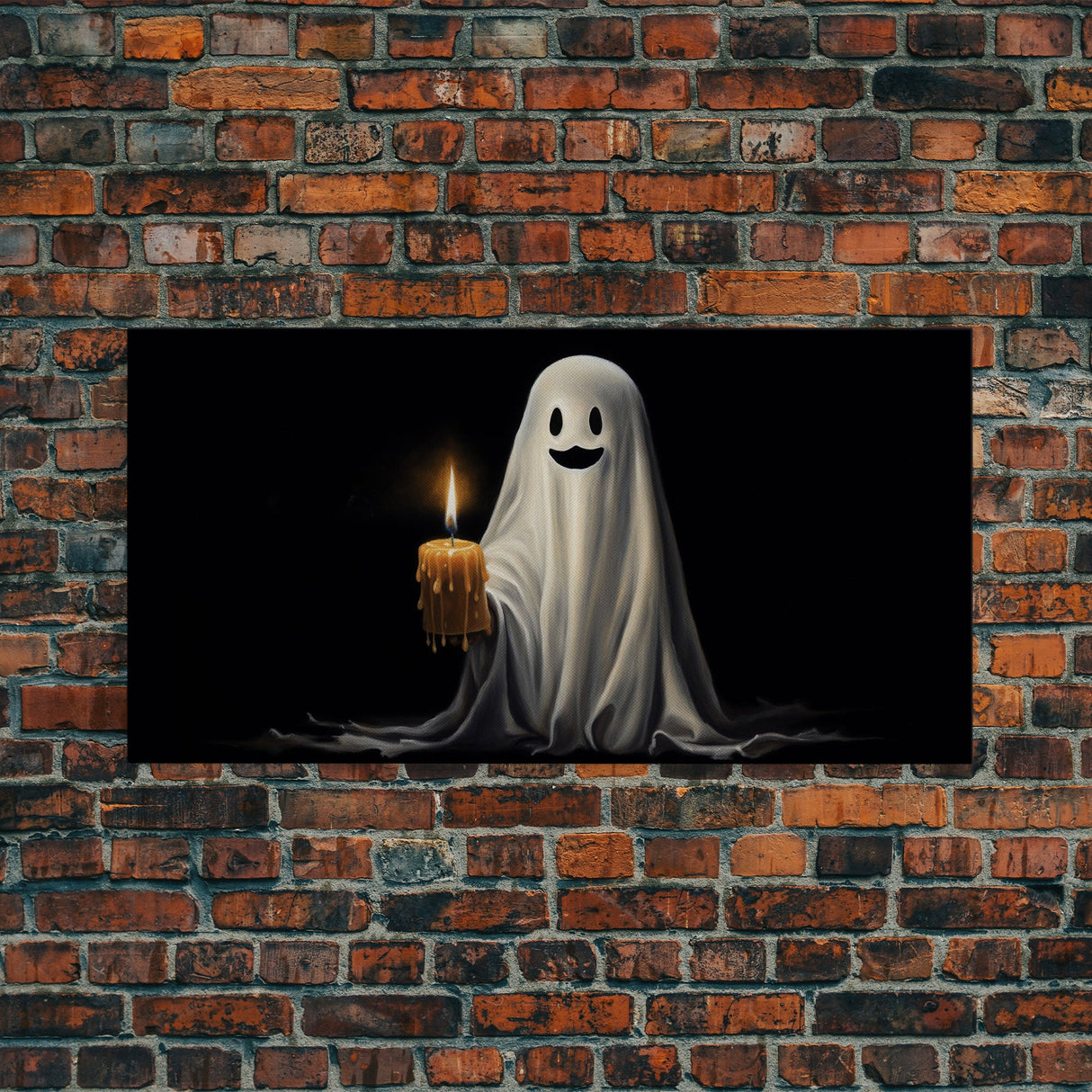 Silly Ghost Holding A Candle, Framed Canvas Print, Dark Academia Wall Art, Victorian Oil Painting Style Halloween Wall Art, Ghost Print