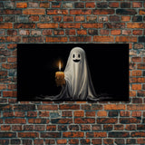 Silly Ghost Holding A Candle, Framed Canvas Print, Dark Academia Wall Art, Victorian Oil Painting Style Halloween Wall Art, Ghost Print