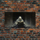 Grim Reaper Reading A Book In A Haunted Library, Framed Canvas Print, Victorian Oil Painting Style, Spooky Halloween Decor, Goth Art
