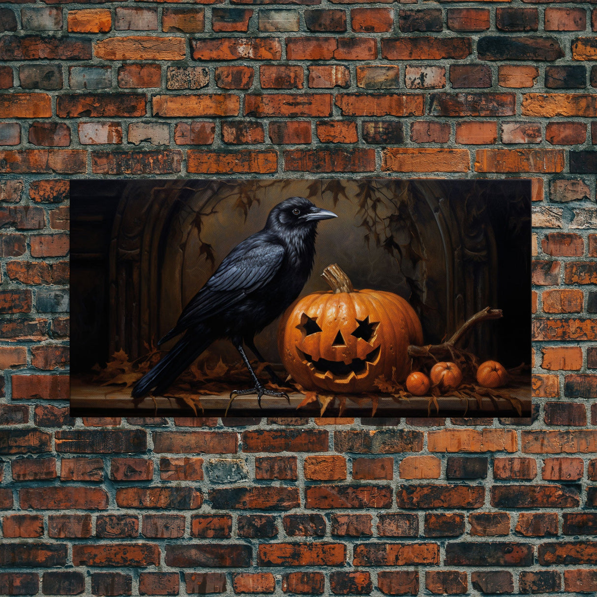 Spooky Crow Print, The Raven and The Jack O Lantern, Halloween Wall Art, Victorian Oil Painting, Dark Academia, Goth Art