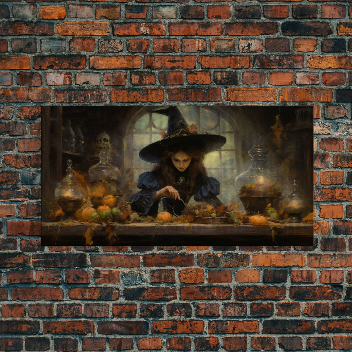 The Witch And Her Potions, Framed Canvas Print, Halloween Decor, Witch Painting, Dark Arts, Occult Decor