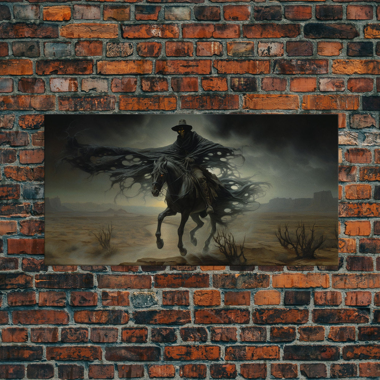 Ghost Cowboy Art, Framed Canvas Print, Halloween art, spooky decor, cowboy art, western decor, grim reaper on a horse in the desert