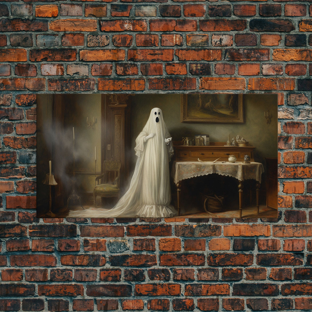 Sheet Ghost Wall Art, Framed Canvas Print, halloween decor, Halloween wall art,  ghost print, dark academia, victorian oil painting
