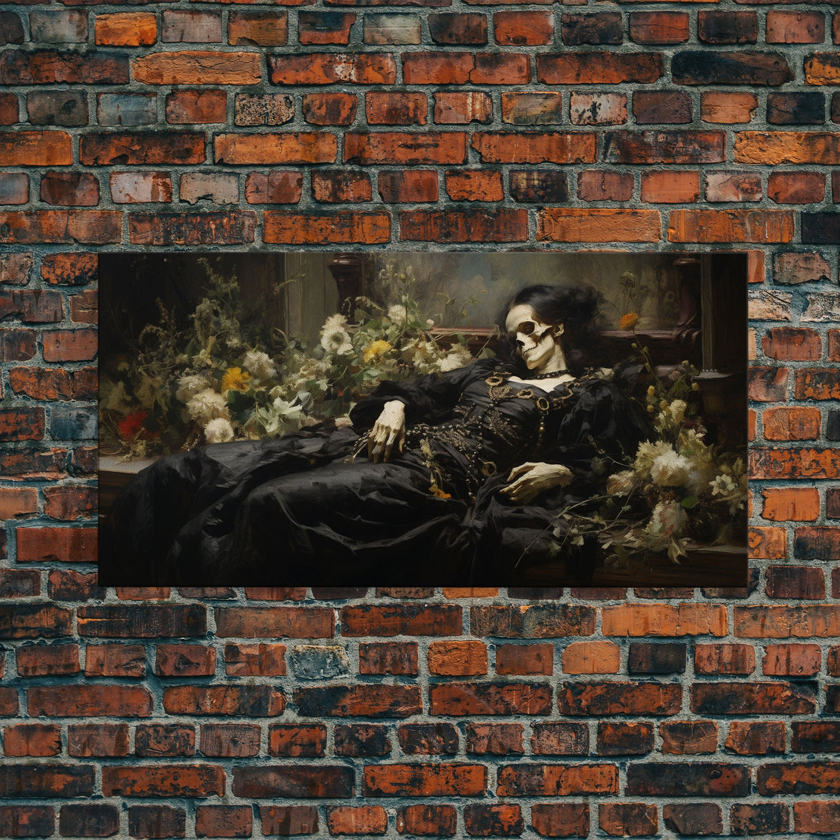 I'll Just Take A Quick Nap, Framed Canvas Print, Creepy Victorian Oil Painting, Halloween Art Prints, Skeleton Painting