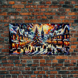 Retro Style Christmas Canvas Print | Framed Canvas Print | Christmas Village | Winter Wonderland | Impasto Style Painting | Seasonal Decor
