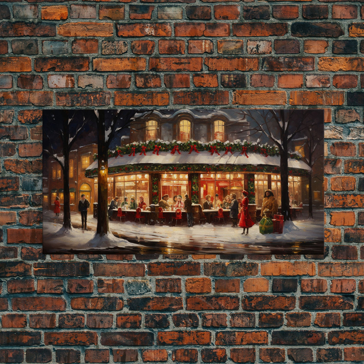 Retro 50s Diner Decorated For Christmas, Framed Canvas Print, Christmas Wall Art, Christmas Decor, Mom Christmas Gift