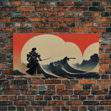 Japanese Samurai Fighting A Tidal Wave, ready to hang canvas print wall art, framed canvas wall art, mancave decor