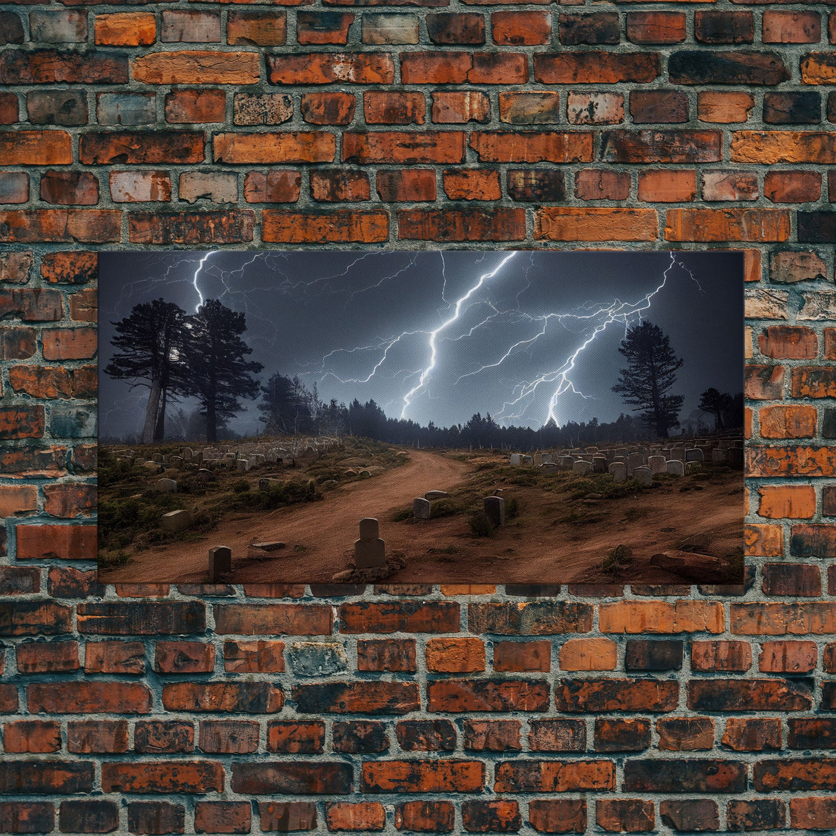 Gloomy Haunted Graveyard At Night, Lightning Storm, Halloween Cemetery Art, ready to hang canvas print wall art