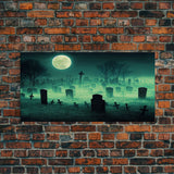 Halloween Cemetery At Night, Full Moon, Spooky Creepy Graveyard, ready to hang canvas print wall art