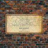 Vintage Style Bucharest City Map Wall Art Canvas Print, Distressed Bucharest Map, Framed Wall Art, Cool RomaniaTravel Wall Art, Office Art