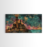 The Haunted Light House, Abstract Art, Framed Canvas Print, Original Midcentury Style Lighthouse Painting Wall Decor