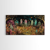 Colorful Haunted Grave Yard In The Spring Time, Framed Canvas Print, Spooky Wall Art, Halloween Spooky Season Decor