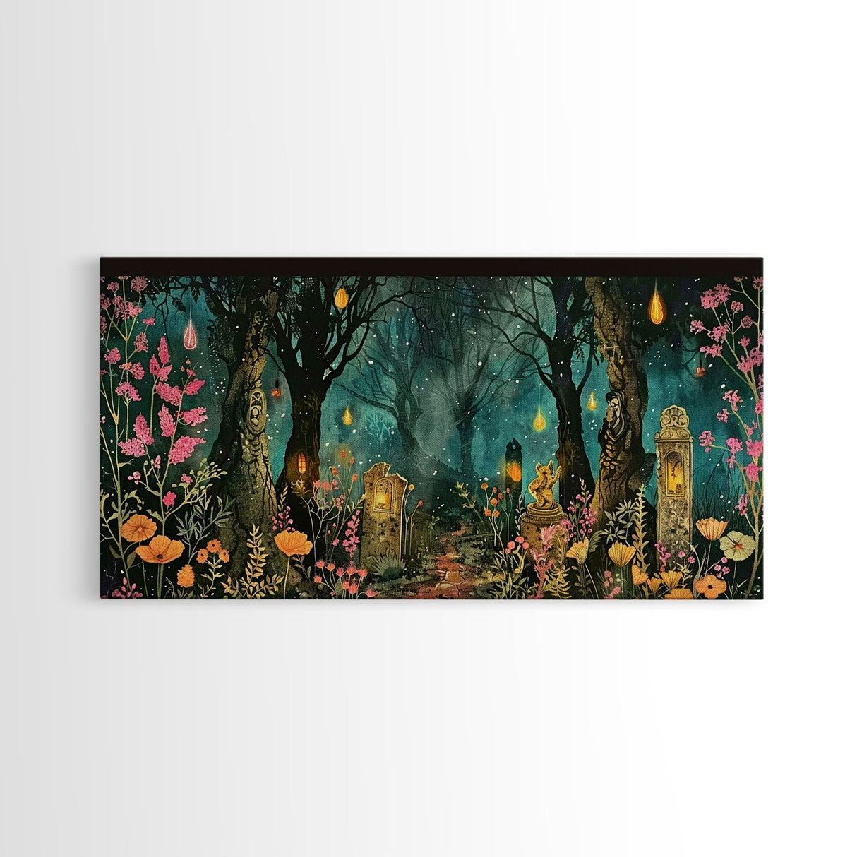 Haunted Cemetery In The Forest Framed Canvas Print, Halloween Decor, Halloween Prop Wall Art
