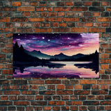 Beautiful lake at night canvas print, purple and pink sunset night sky, wall art canvas, lake front view, guest room wall art