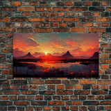 Mountain and Lake Sunset Wall Art Oil Painting On Canvas, Canvas Print, Ready to hang gallery wrapped nature framed canvas print, lake life