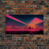 Cyberpunk lake art, city canvas, video game concept art, living room wall art, dystopian art, outrun city at sunset, man cave canvas print