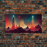 Art deco style space canvas print, space ship art, space art, outrun style, sci-fi themed art print, science fiction, space exploration