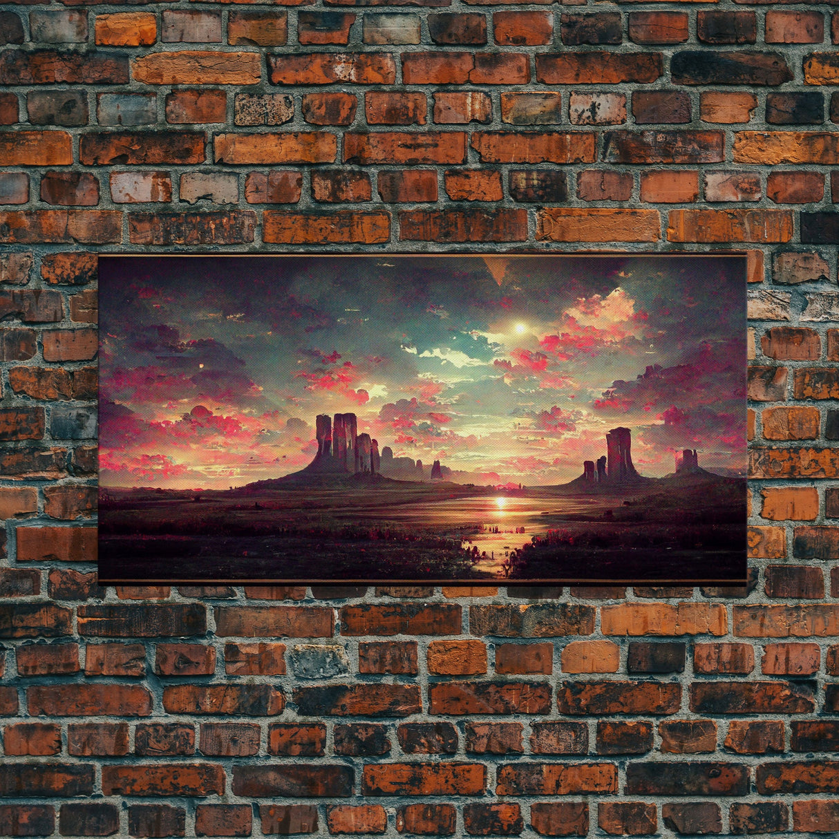 Mountain Sunset Oil Painting Canvas Print, Ready to hang gallery wrapped nature canvas print, synthwave style nature art
