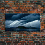 Rainstorm wall art, canvas print, ready to hang, fast moving storm over an island castle, cool wall art