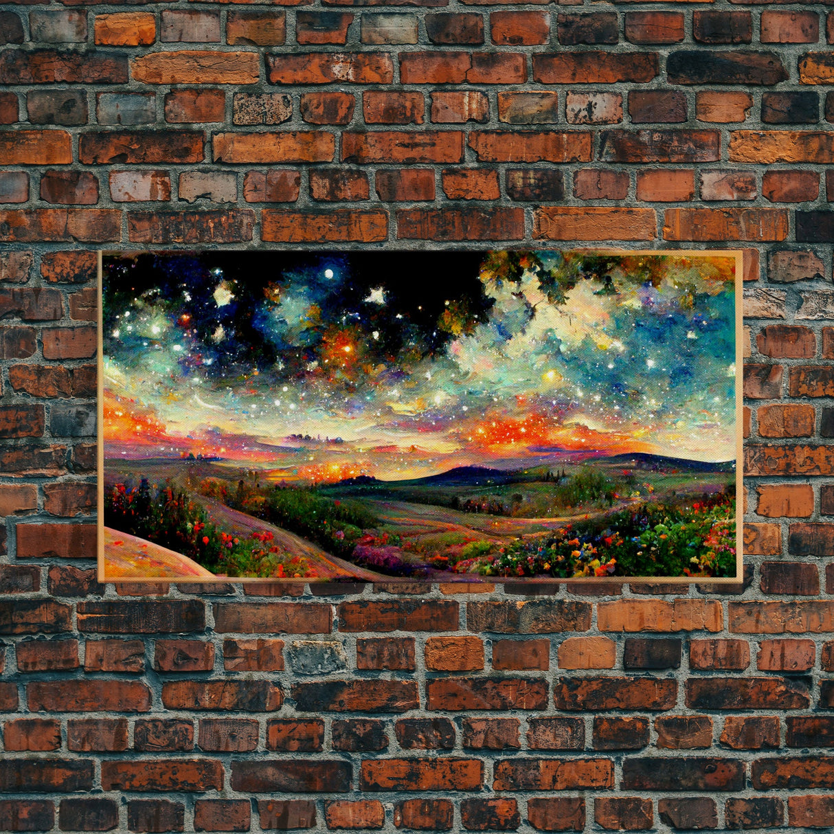 Night Starry Sky Landscape Framed Canvas Print, Colorful Night Sky Painting Nature Painting Living Room Wall Art Spiritual Starry Painting
