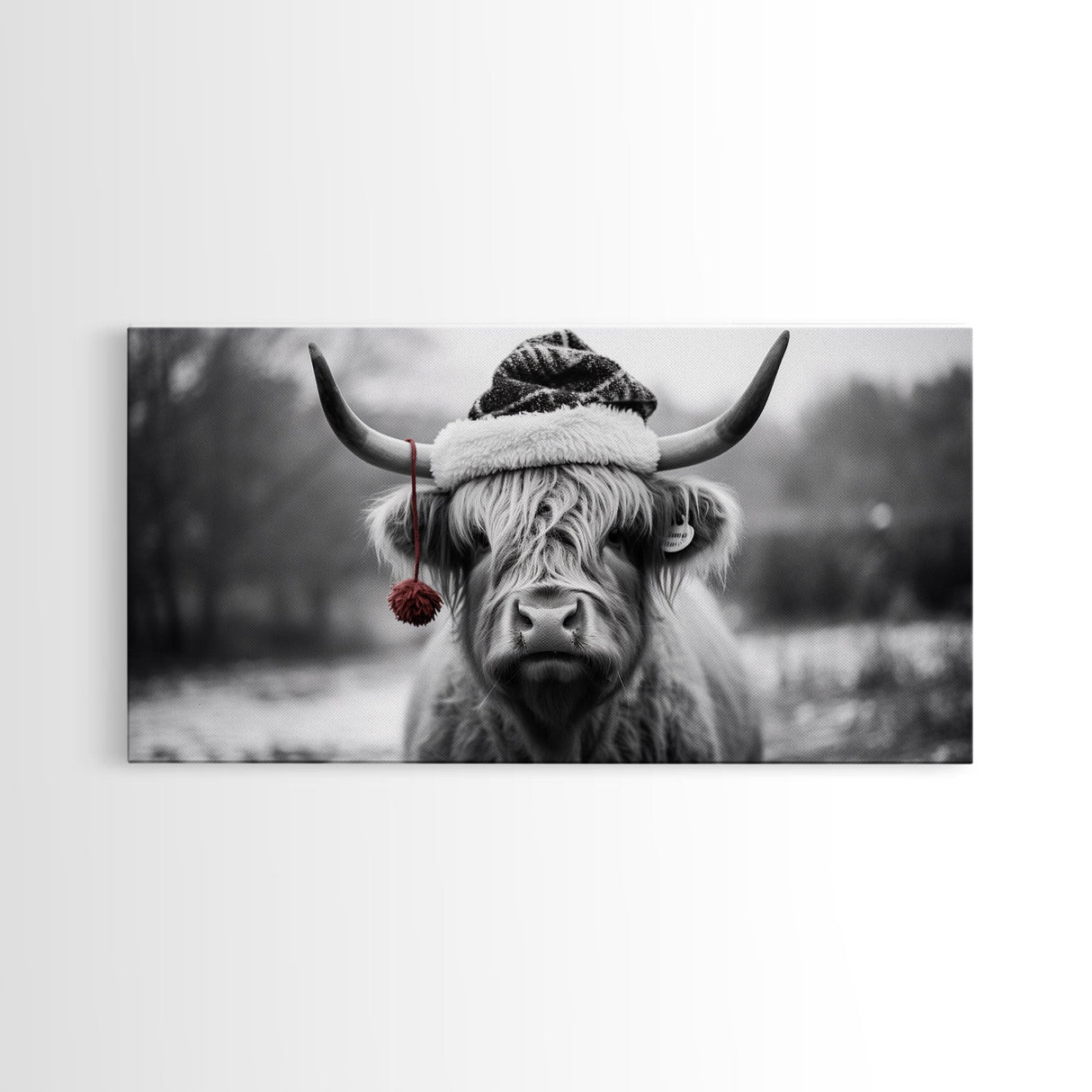 Highland Cow Wearing Santa Hat, Festive and Fun Framed Canvas Print for Holiday Wall Art, Living Room or Bedroom Decor