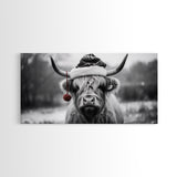 Highland Cow Wearing Santa Hat, Festive and Fun Framed Canvas Print for Holiday Wall Art, Living Room or Bedroom Decor