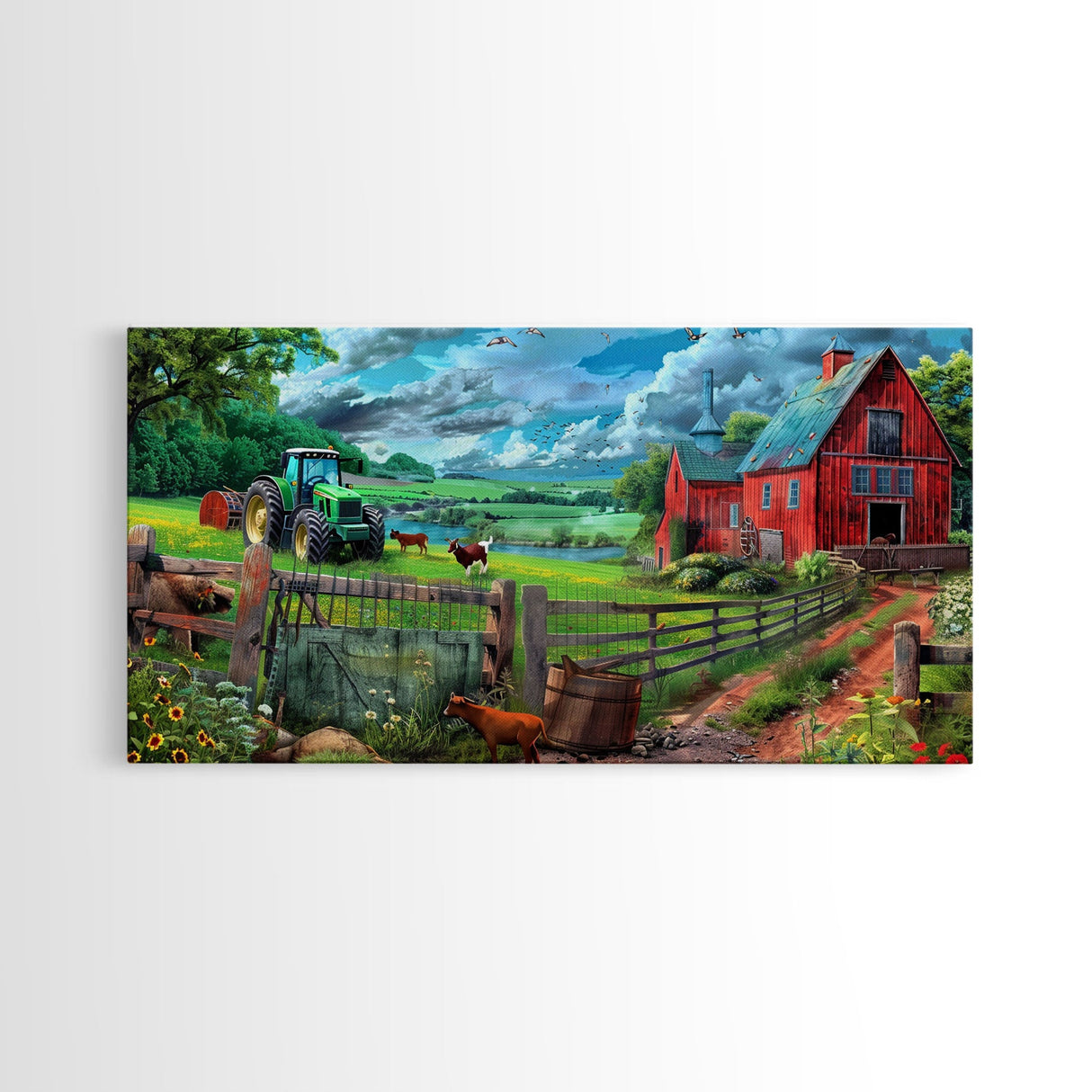 Green Tractor and Red Barn with Farm Animals, Vibrant Rural Art, Framed Canvas Print, Country Wall Decor, Living Room Decoration