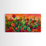 Bright Desert Flowers and Cacti with Mountains, Vibrant Framed Canvas Print for Home, Boho Wall Art, Nature Lover's Decor