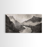 River Flowing through Mountain Valley, Black and White Framed Canvas Print for Farmhouse Bedroom Wall Art, Home Decoration, Scenic Nature