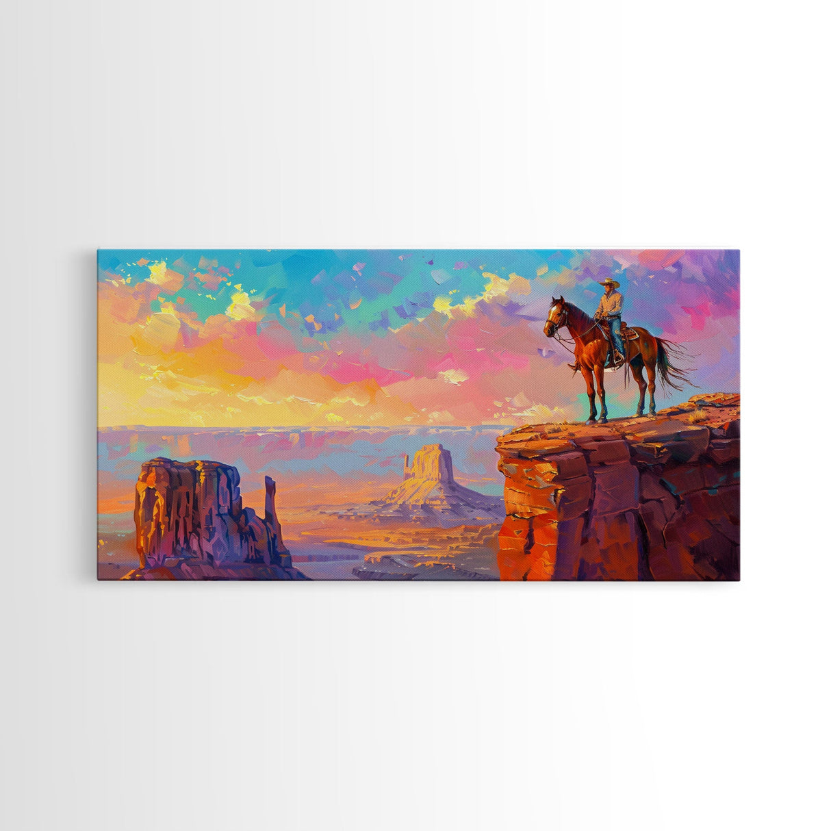 Cowboy Overlooking Monument Valley, Farmhouse Style Framed Canvas Print for Bedroom Wall Art, Rustic Home Decor, Scenic Western Landscape
