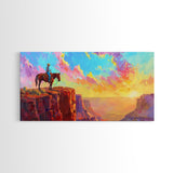 Cowboy on Horse Under Vibrant Sky, Farmhouse Style Framed Canvas Print for Bedroom Wall Art, Rustic Home Decor, Western Scenic Art