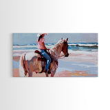 Horseback Riding by the Sea, Calm Framed Canvas Print, Perfect for Coastal Living Room Art, Beach Bedroom Decor, Equestrian Wall Art